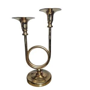 Vintage Metal Double Horn Candlestick Holder Ornate Gold Tone Elegant Classy MCM